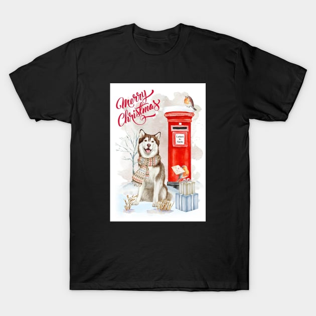 Siberian Husky Merry Christmas Santa Dog T-Shirt by Puppy Eyes